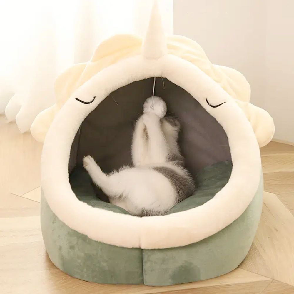 Adorable casa de dinosaurio para mascotas Pandora amarilla, suave y acolchada, pelota de juguete colgante, fácil de limpiar,