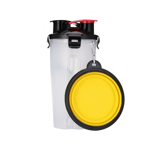 Botella de agua 2 en 1 Yap & Paw, varios colores, liviana, fácil de dispensar, apta para viajes, sin BPA, cuencos plegables, capacidad de agua de 350 ml, capacidad de croquetas de 250 g, duradera