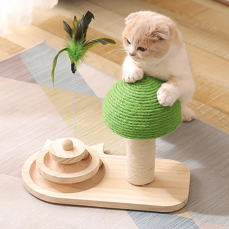 Rascador para mascotas Pandora amarillo con palo de plumas y bolas de madera, base antideslizante, diseño interactivo, duradero
