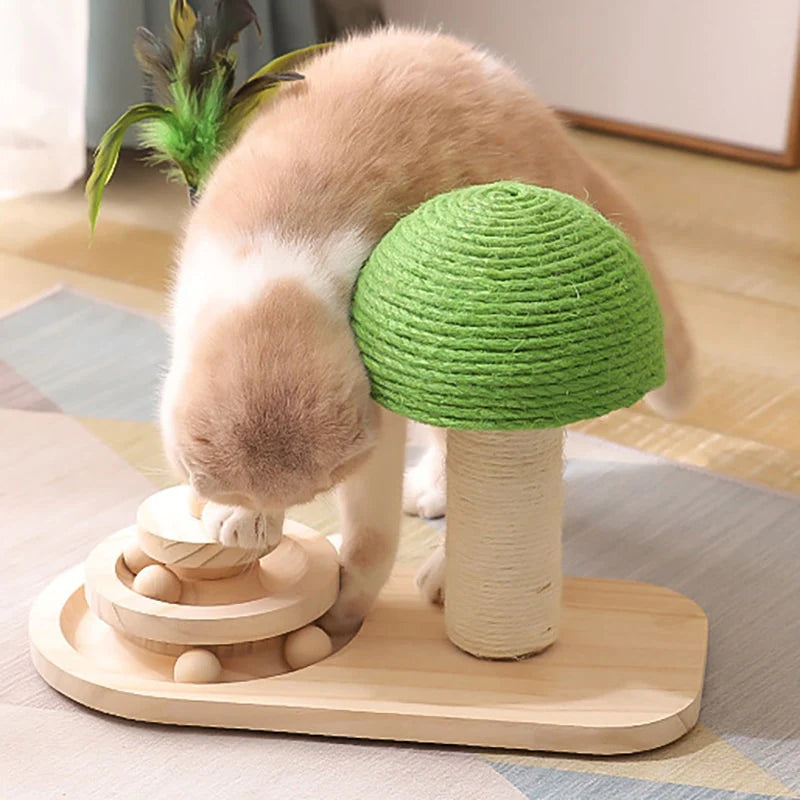 Rascador para mascotas Pandora amarillo con palo de plumas y bolas de madera, base antideslizante, diseño interactivo, duradero