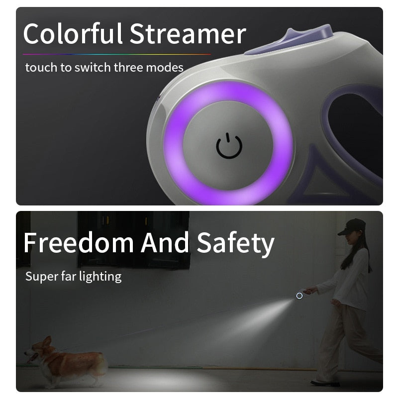Correa retráctil automática para perros o gatos con iluminación amarilla Pandora, varios colores, bloqueo y frenado con un solo toque, agarre suave, diseño ergonómico, duradera