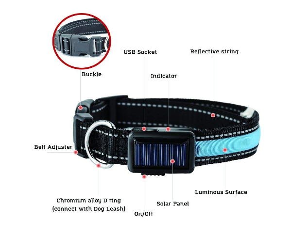 Collar LED para perros TC, varios colores, carga solar/USB, alta visibilidad, dos modos de luz y duradero