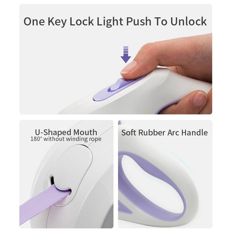 Correa retráctil automática para perros o gatos con iluminación amarilla Pandora, varios colores, bloqueo y frenado con un solo toque, agarre suave, diseño ergonómico, duradera