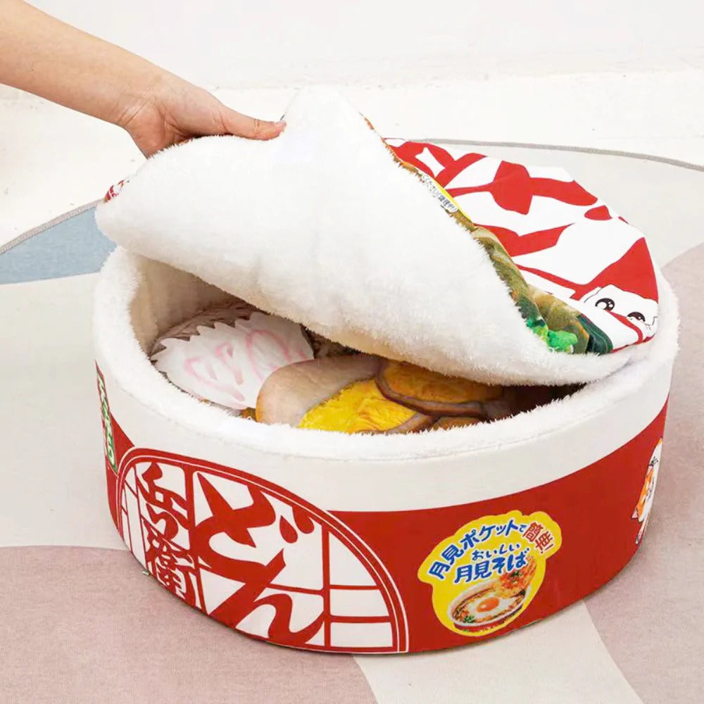 Cama para mascotas de 3 piezas con forma de ramen, color amarillo Pandora, acogedora, con tapa extraíble y forro polar suave para gatos, perros y mascotas pequeñas