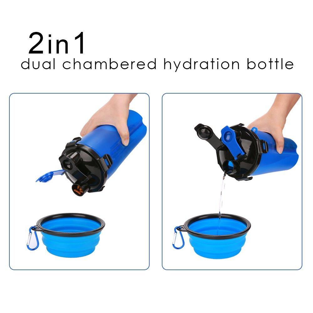 Botella de agua 2 en 1 Yap & Paw, varios colores, liviana, fácil de dispensar, apta para viajes, sin BPA, cuencos plegables, capacidad de agua de 350 ml, capacidad de croquetas de 250 g, duradera