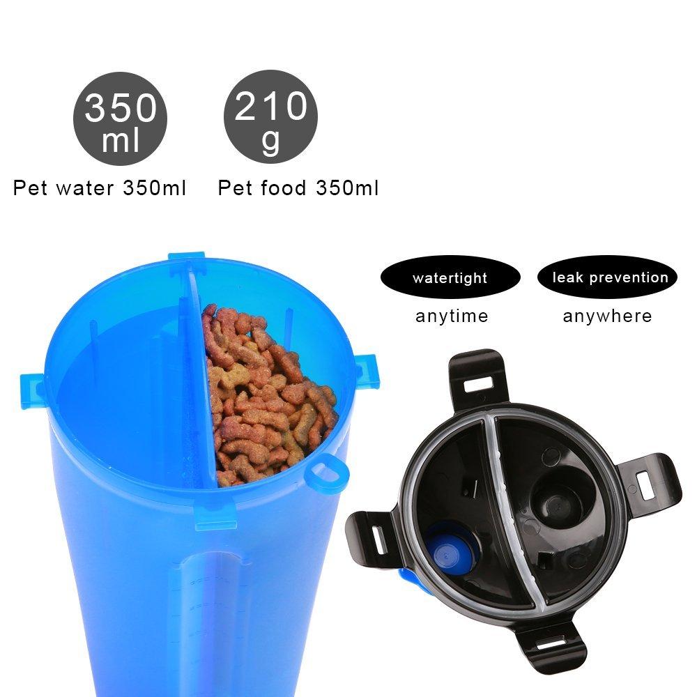 Botella de agua 2 en 1 Yap & Paw, varios colores, liviana, fácil de dispensar, apta para viajes, sin BPA, cuencos plegables, capacidad de agua de 350 ml, capacidad de croquetas de 250 g, duradera