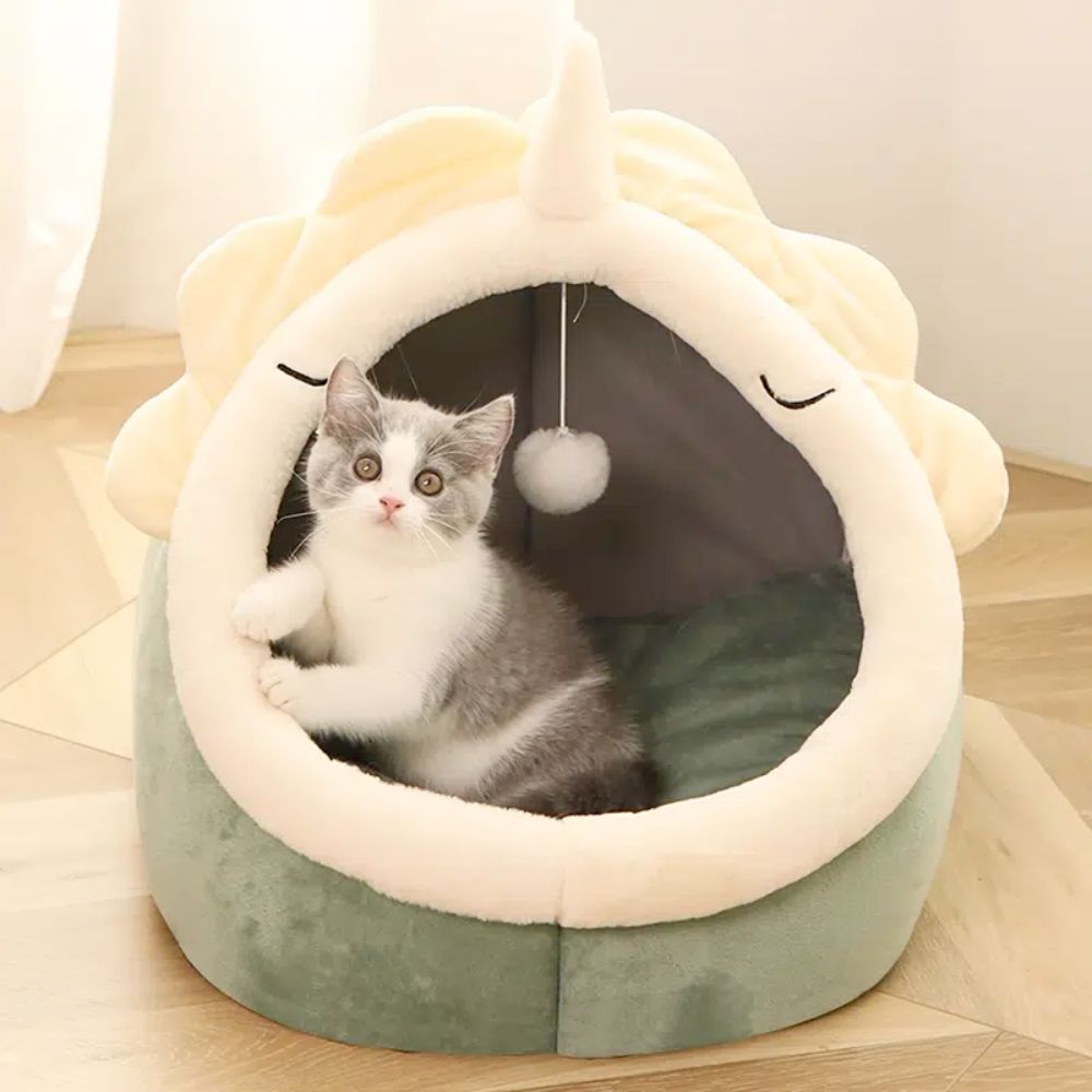 Adorable casa de dinosaurio para mascotas Pandora amarilla, suave y acolchada, pelota de juguete colgante, fácil de limpiar,