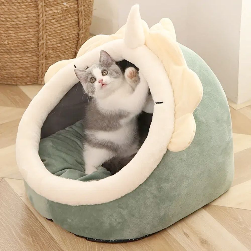 Adorable casa de dinosaurio para mascotas Pandora amarilla, suave y acolchada, pelota de juguete colgante, fácil de limpiar,